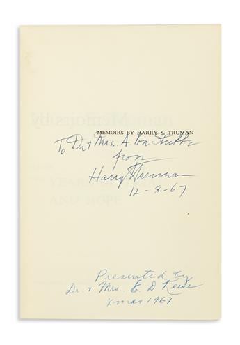 TRUMAN, HARRY S. Memoirs. Each volume Signed and Inscribed, To Dr. & Mrs. A. Von Stubbe / HarrySTruman / 12-8-67, on the half-title.